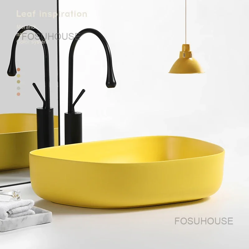 Nordic Matte Yellow Bathroom Sinks Ceramic Tabletop Basin Household Personalized Washbasin Bathroom Sink Balcony Wash Basin