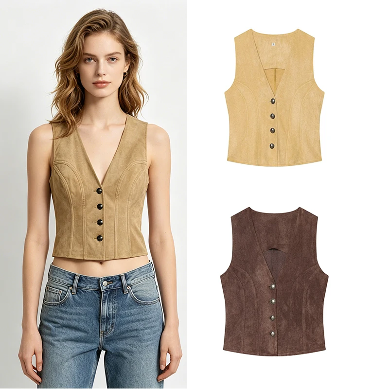 2026 Spring Summer New Women's Sleeveless V Neck Button Suede Texture Slim Fit Vest Casual Tank Tops Chic Waistcoat