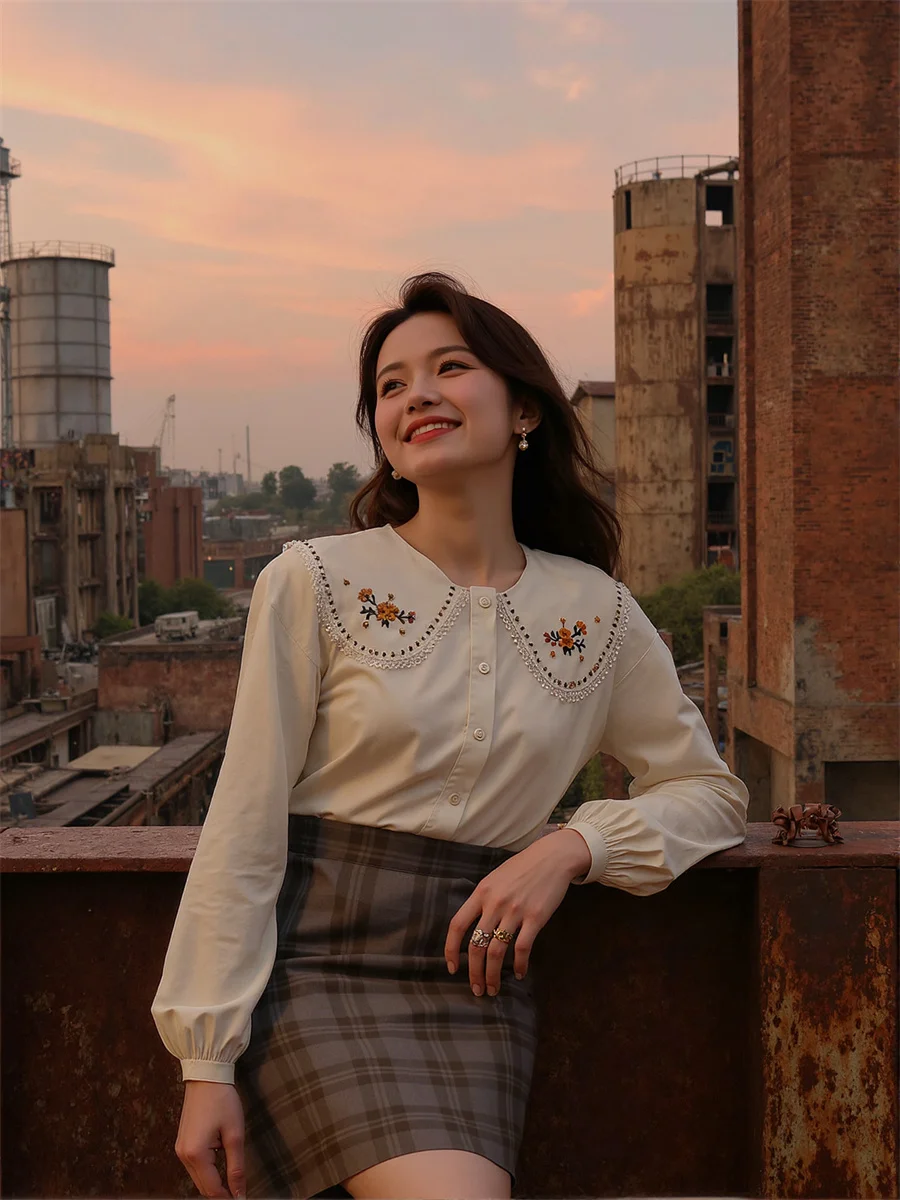 Langarm-Damen-Hemden mit Stickerei, Karomuster, bedruckt, Knopfleiste vorne, lässiger Stil, Preppy, College, schlicht, Basic, süße Baumwolle