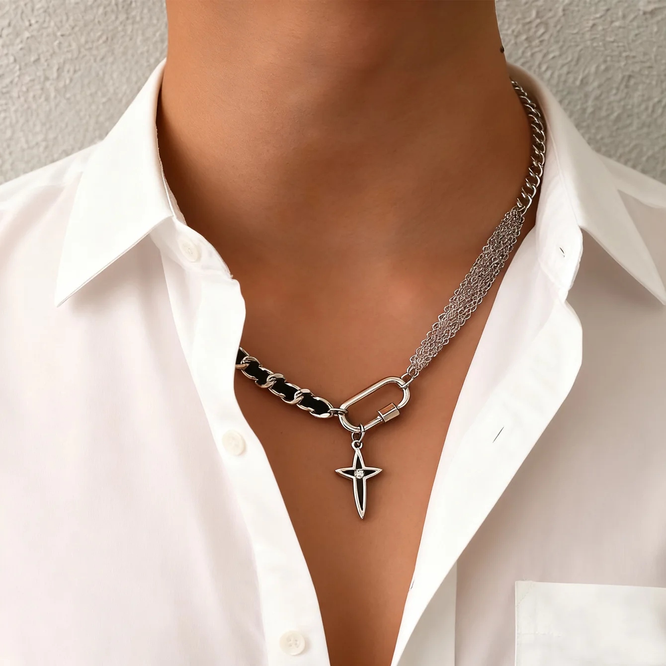 Fashionable Rhinestone Hollow Cross Multi-Chain Splicing Women's Necklace Trendy Hip-Hop Gothic Style Unisex Trendy Jewelry