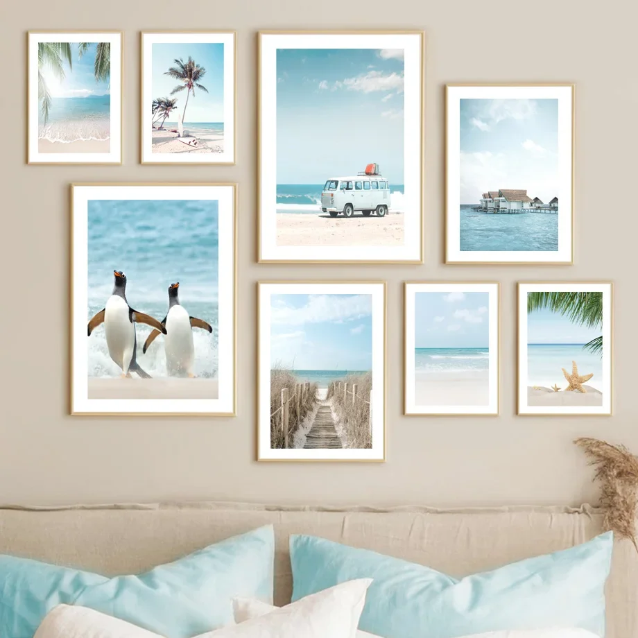 

Calm Beach Palm Leaves Grass Path Penguin Car Nordic Poster Wall Art Print Canvas Painting Decoration Pictures For Living Room