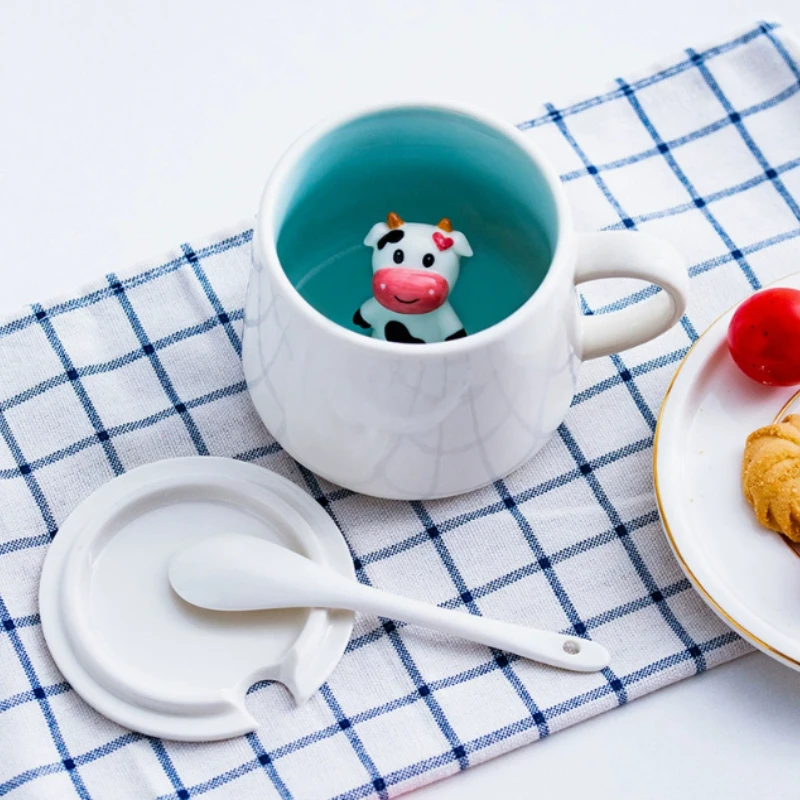 

Чашка для завтрака, 3D стерео керамическая кружка с изображением животных, большая емкость с крышкой, ложка, чашка для воды, простая мультяшная чашка, кухонная утварь