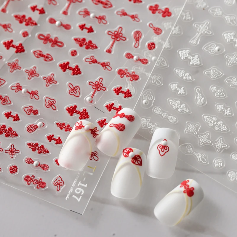 5d traditionelle rote Nagel aufkleber hochwertige geprägte chinesische Knoten knöpfe Cheong sam neunschwänzige Fuchs Design Nail Art Aufkleber