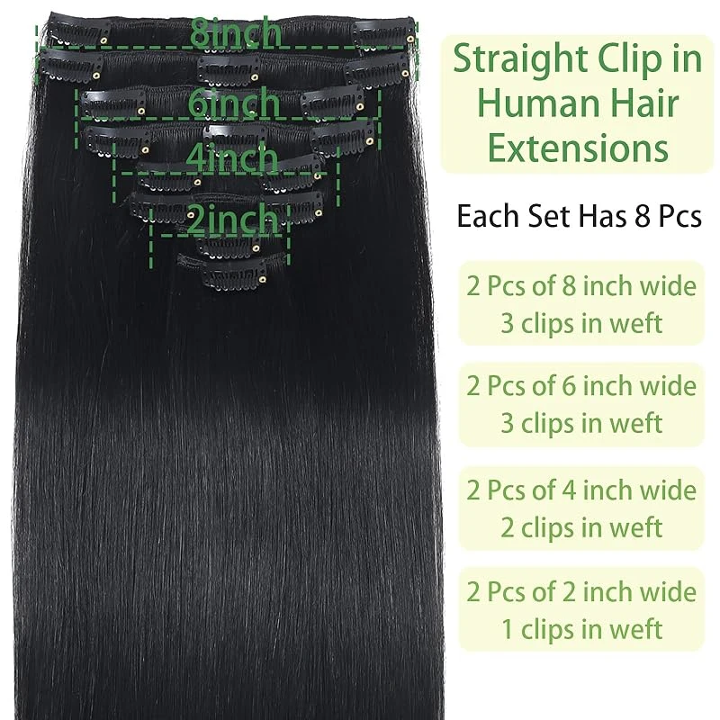 Extensiones de cabello humano Real con Clip, cabello virgen brasileño 100%, 8 piezas, 18 Clips, doble trama, cabeza completa, cabello Remy liso