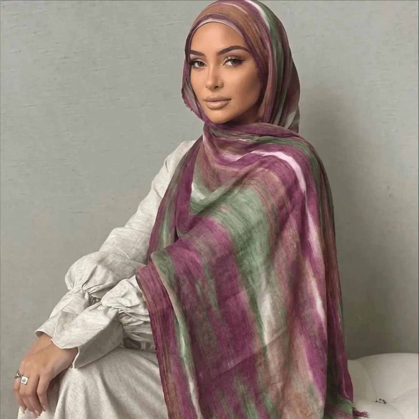 Rainbow Striped Print Rayon Modal Headscarf Hijab For Women Tie-dyed Ombre Crinkle Rayon Scarf Shawl Muslim Headwrap Ramadan Eid