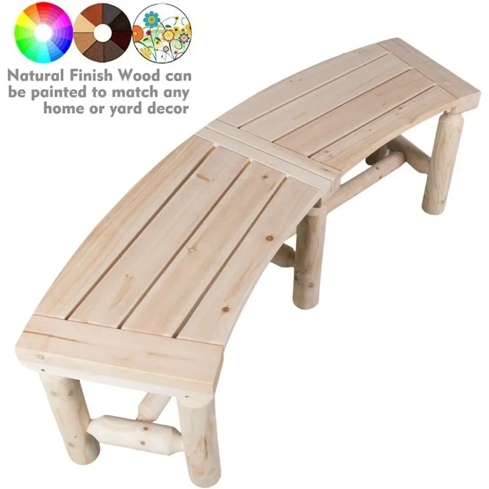 Banc de porche dos nu incurvé en bois pour l'extérieur, style rustique 93.c, terrasse et arrière-cour de jardin, 40-55W × 14D × 16.5H, finition naturelle