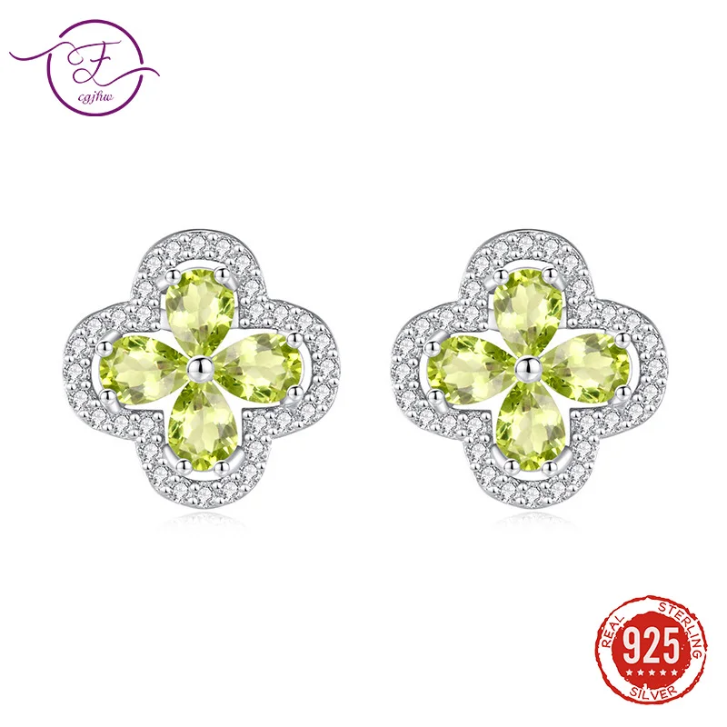 

S952 Silver Four-Leaf Clover Peridot Stud Earrings for Women Natural Crystal Birthstone Earring Luxury Exquisite Jewelry FCGJHW
