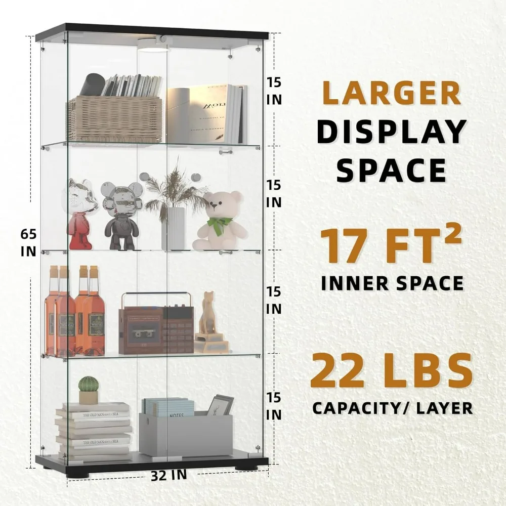 Glass Display Cabinet 4-Shelf 2 Doors with LED Push Light Lockable Glass Display Case with 5mm Tempered Glass Floor-Standing