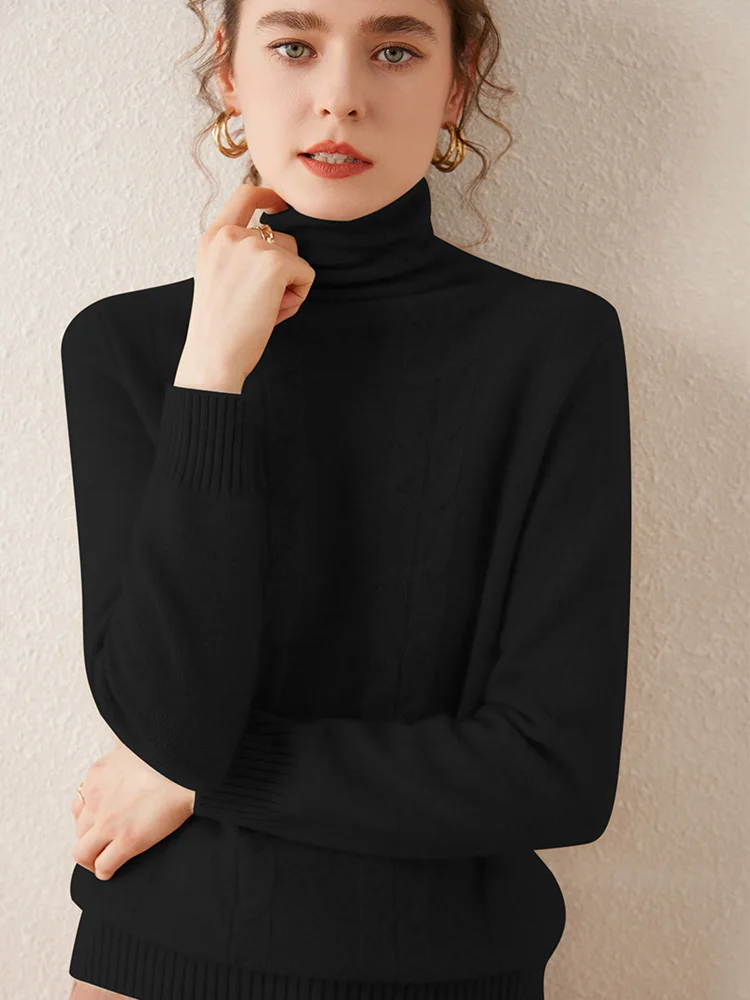 

Thick Cable Stitch Women's Soft Warm Turtleneck Pullover Solid 100% Cashmere Sweater Autumn Winter Casual Loose Clothing Tops