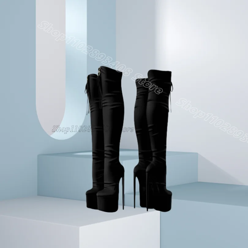 

Black Platform Stiletto Boots Round Toe Elastic Solid British Style Party Spring Women Over Knee Boots 2025 Zapatos Para Mujere