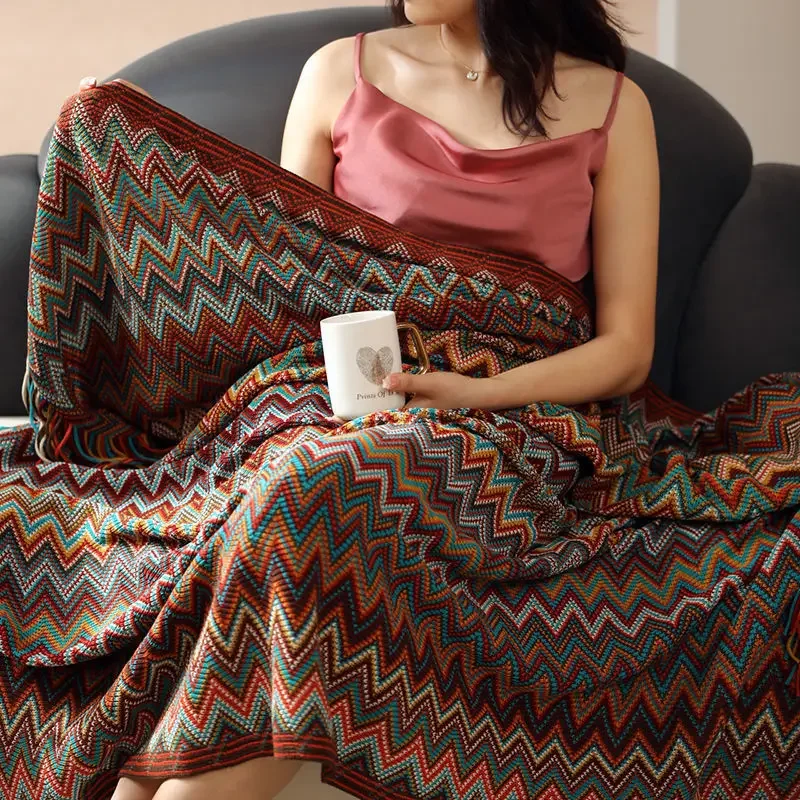 Boho Knitted Plaid Blanket Ethnic Homestay Office Nap Blanket Lightweight Set Carpet Bed Tail with Tassels for Couch Sofa Decor