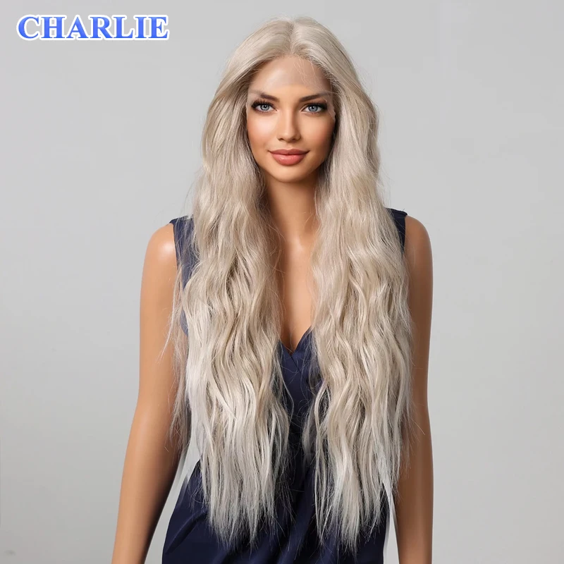 13x6 Lace Wig Long Synthetic Wavy Platinum Blonde Wigs for Women Daily Party Cosplay Wedding Use High Density Heat Resistant