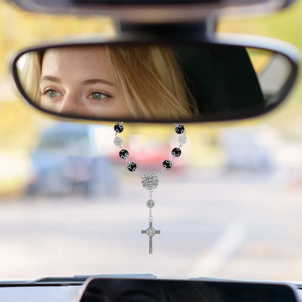 2Pcs Catholic Car Rosary Hanging Cross Pendant Rearview Mirror Auto Interior Car Charm Blessing Decor Auto Rosary