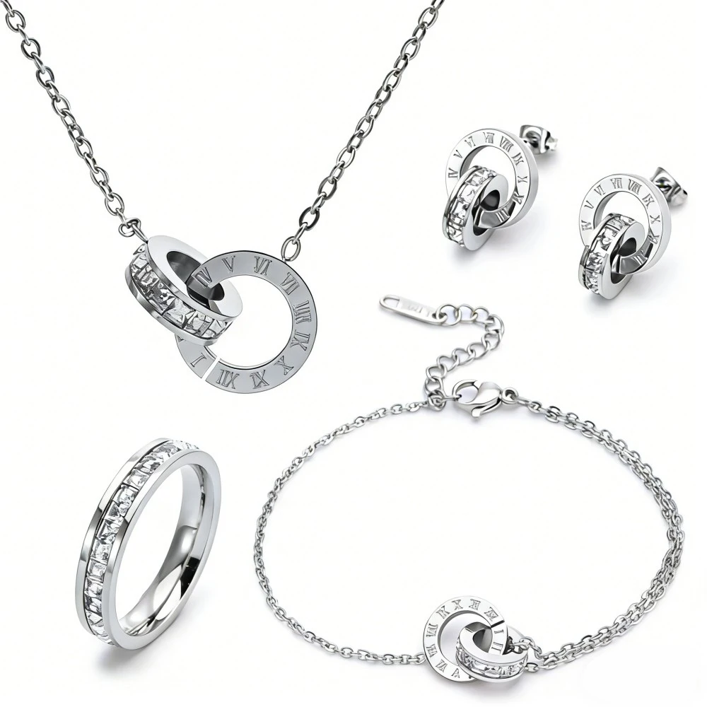 Classic Roman Numeral Zircon Inlay Double Ring Earrings Necklace Bracelet Ring Size 7 Diverse Combinations With Fashion Jewelry