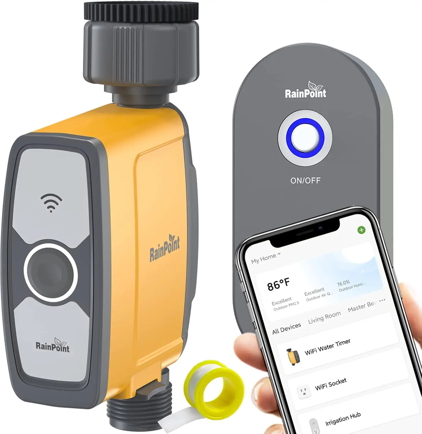 

WiFi Smart Hose Timer - Weather-Aware, 3-Program Sprinkler Valve with APP & Voice Control