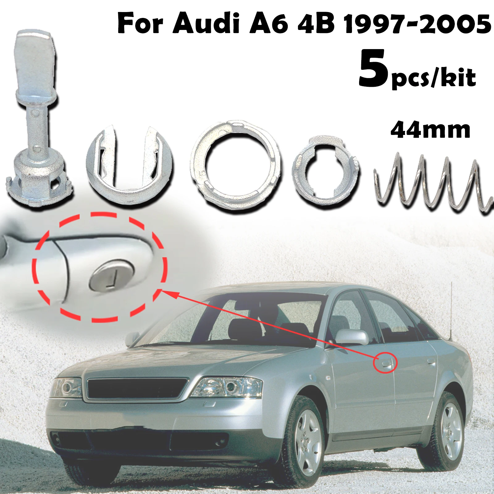 5 шт./компл. для Audi A6 4B 1997 1998-2005 ручка передней двери, цилиндр замка, ствол, ремонтный комплект, 44,4 мм, сменный набор инструментов