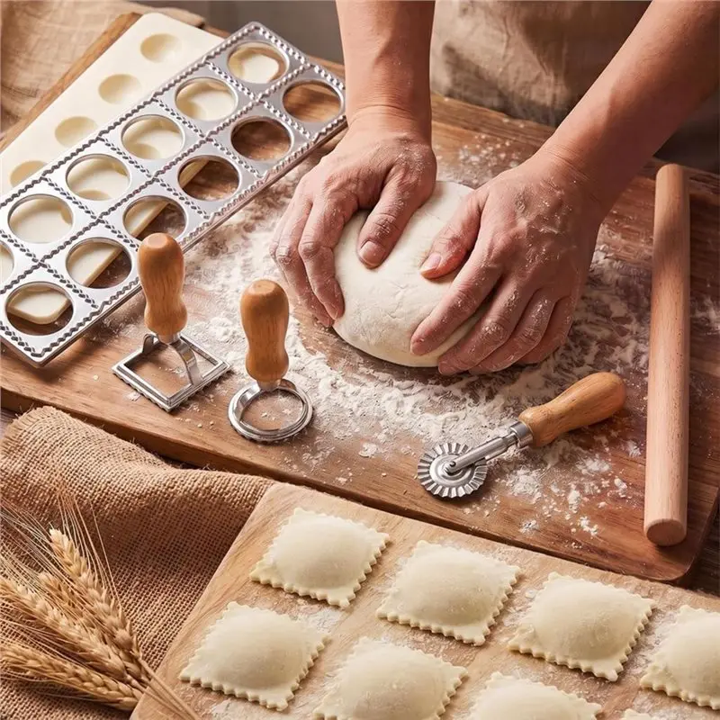 IALJ-Raviolo Maker Cutter Kit 5 Pcs Ravioli Mold Set 2 Inch Square 12-Hole Raviolis Press 3 Pasta Cutter Stamps