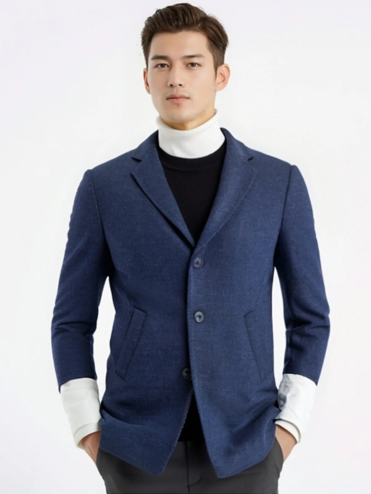 

Thi шерстяное мужское пальто темно-синего цвета для бизнеса, повседневная одежда с несколькими цветами, прямой подол, весенняя одежда из смеси хлопка из полиэстера