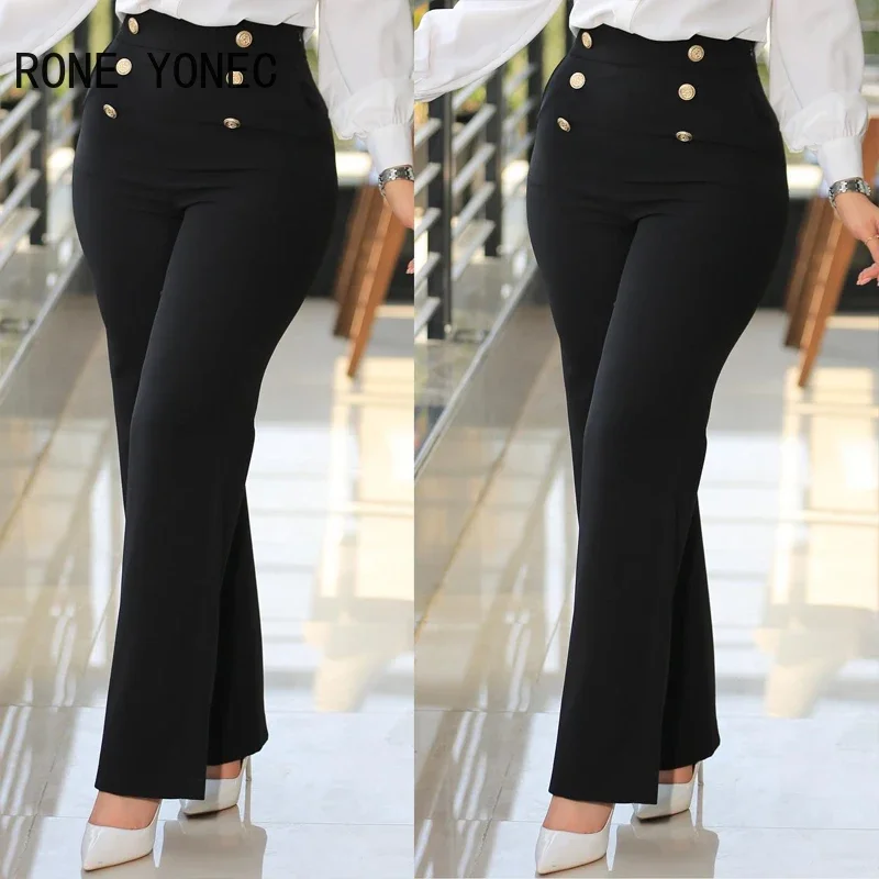 

2023 Women High Waist Button Decoration Working Straight Leg Full Length Pants