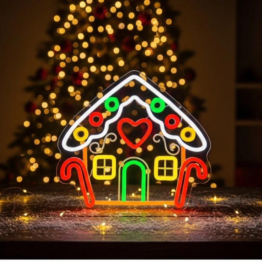 Merry Christmas Neon Sign USB Powered -Gingerbread Houses Energy-efficient  for Home Window Wall Hanging Christmas Decor