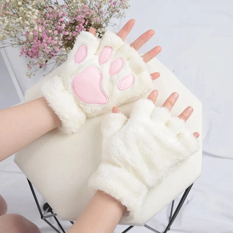 Lovely Cat Claw Women Gloves Fashion Girls Fluffy Plush Mittens Warm Soft Plush Short Fingerless Half Finger Winter Gloves