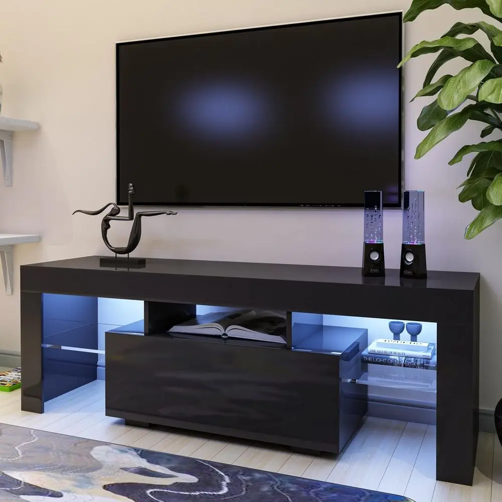 TV Stand or 32/40/50/55 Inch TV, ern LED Gaming Entertainment Center with Large Der and Open Shelves, Black TV ole Cabinet with