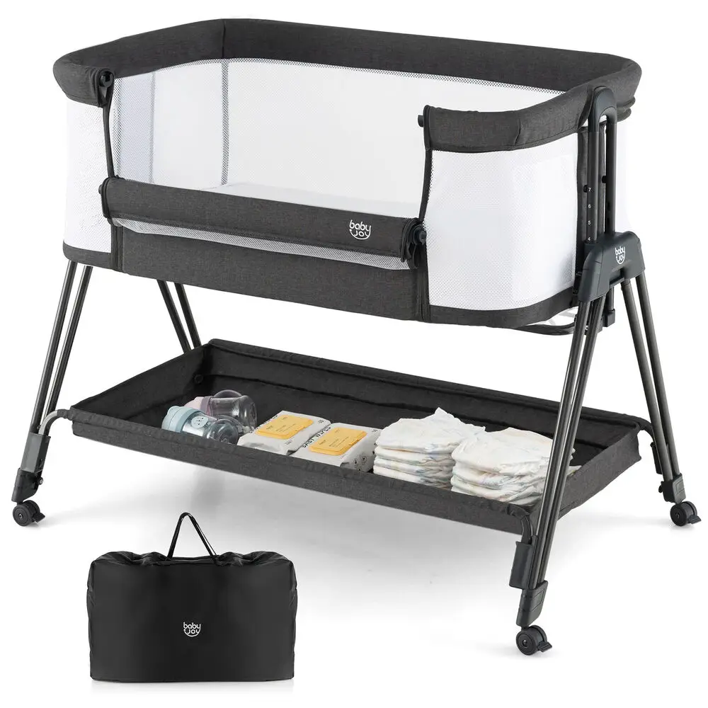 Babyjoy Baby Bedside Sleeper Bassinet w/ Wheels & Storage Tray Folding Adjustable Crib