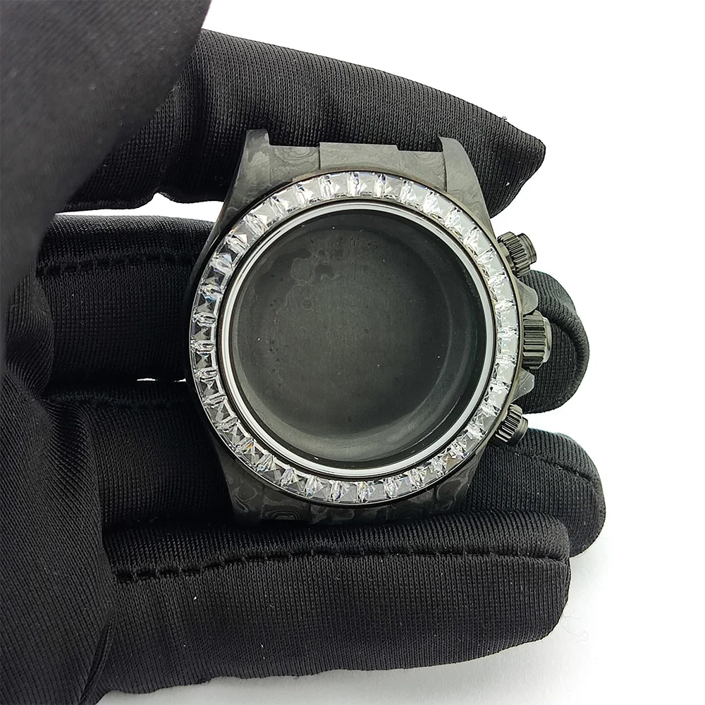 38mm Colored diamond bezel Carbon fiber case Waterproof watch case sapphire glass VK63 case fit VK63 4130 Movement 4130 case
