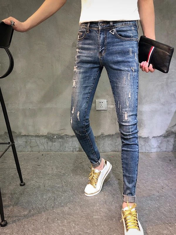 

Trendy Korean Sle Slim Fit Denim Jeans Small Size Men's Casual Elastic Tight Leggings Spring Autumn Faion Ci Youth