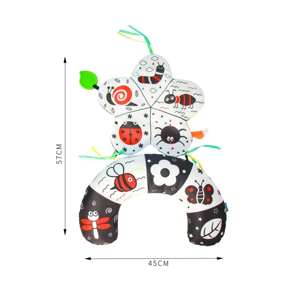 Travesseiro para barriga de bebê em forma de U com mordedores de espelho com tapete enrugado para barriga, preto e branco de alto contraste
