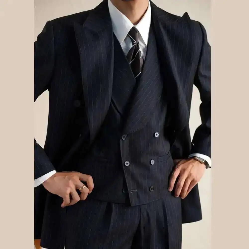 Wool Italian Blazers Suit For Men Business Double Breasted Wedding Tuxedo Suit Smoking Homme Mariage Striped Suit 3 Piece Homme