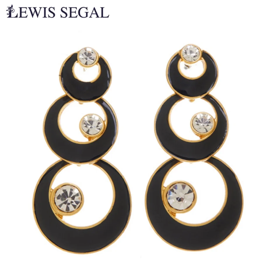 

LEWIS SEGAL Luxury Black Enamel Circle Dangling Earrings Vintage Statement Fine Jewelry 18K Gold Plated Party Wedding