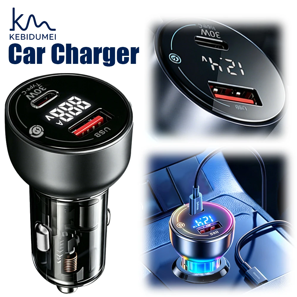 

KEBIDUMEI 55W Car Charger PD QC3.0 USB Fast Charging Cigarette Lighter Plug Charge Adapter with Digital Display Car Accessories