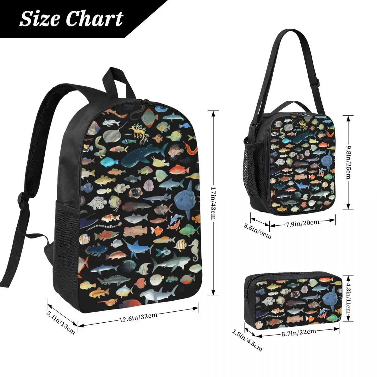 One Hundred Fish Ocean Life Scuba Diving Backpack BookBag School Bag Laptop Shoulder Bags 3ps Insulated Lunch Bag Pencil Case