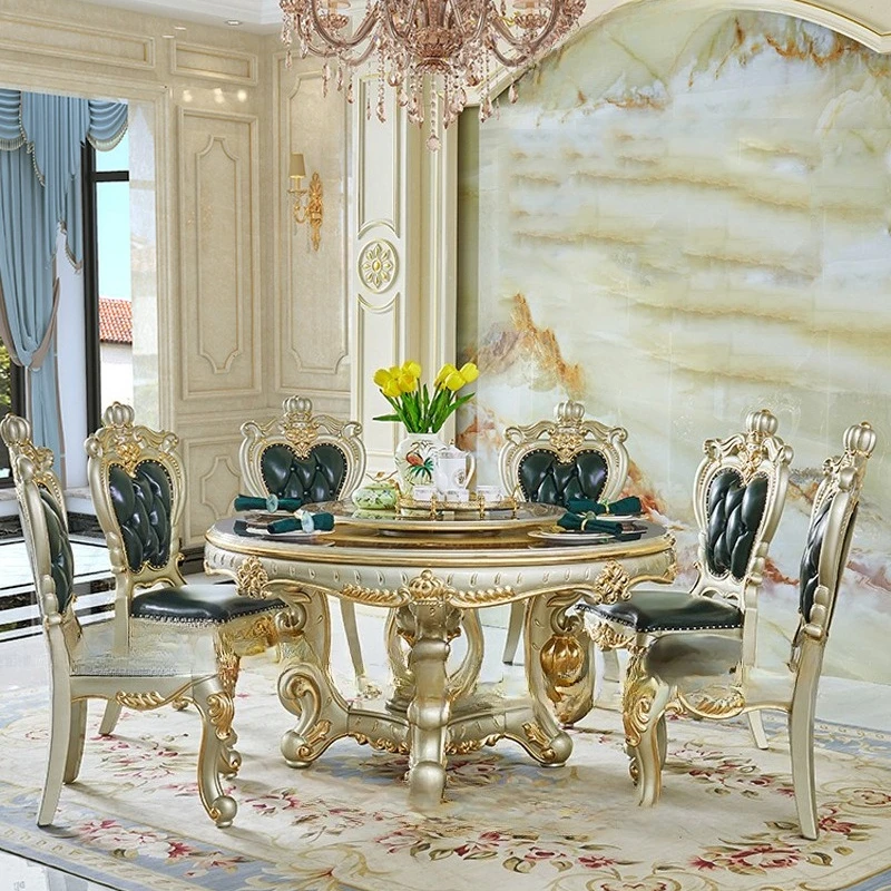 

European solid wood leather dining chair round with turntable dining table French solid wood carving flower