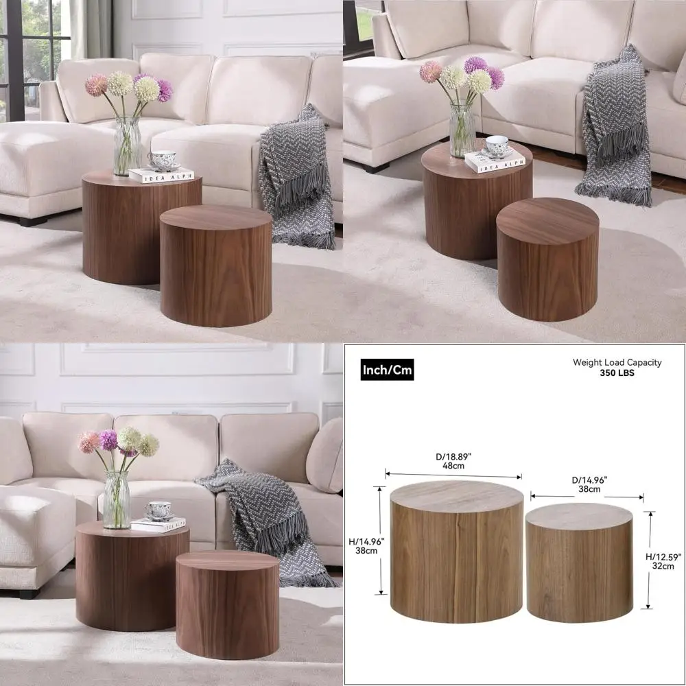 زوج من طاولات القهوة المستديرة: متداخلة خشبية وطاولات جانبية ذات أسطوانة دائرية صغيرة للاستخدام في غرفة المعيشة والمكتب #1