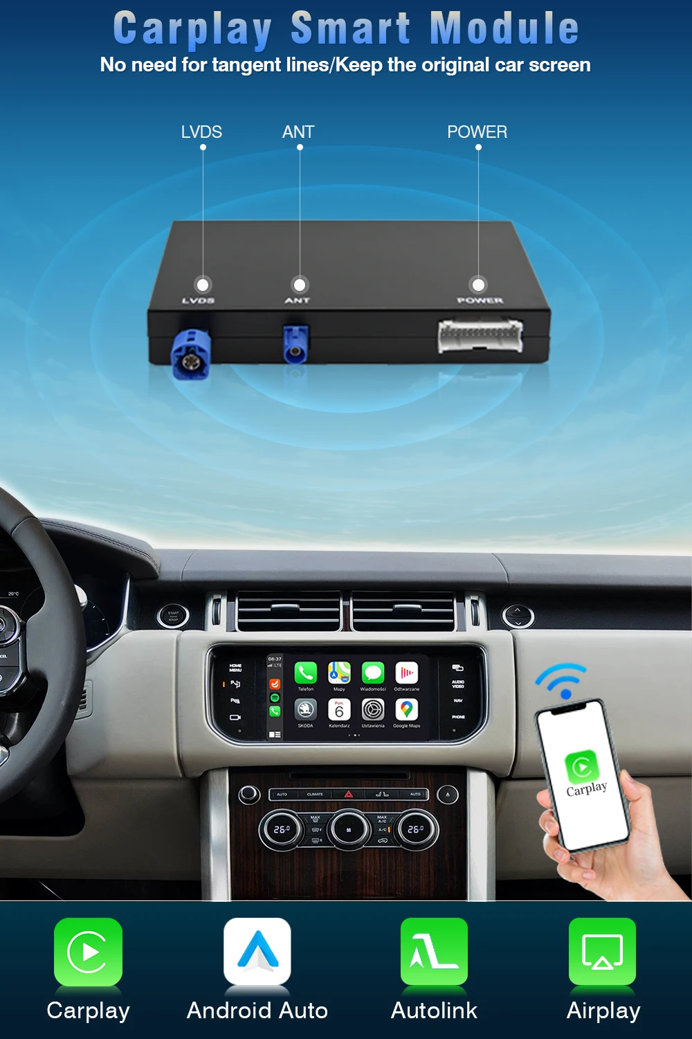 AUTOTOP Kabelloser CarPlay Android Auto Nachrüst-Decoder für Land Rover Jaguar Discovery 4 Aurora Freelander 2 XE XF XJ mit Bosch – Detail 1