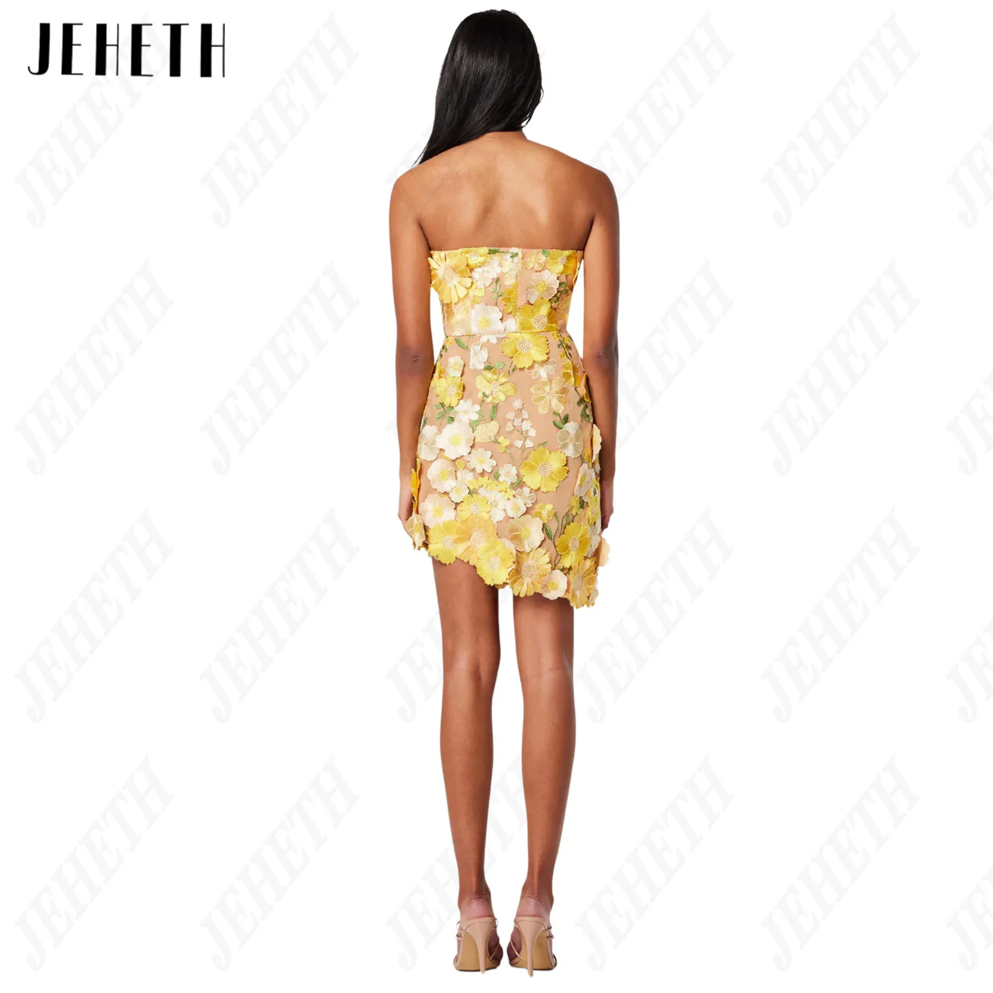 JEHETH 3D Flowers Mini Prom Dress Sleeveless Mermaid Embroidery Strapless Vestidos De Festa Floral Print Short Party Gowns 2024