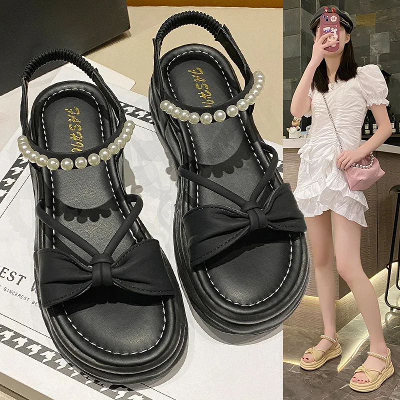 Fashion Women's Sandals Pearl Women Shoes Comfortable Beach Shoes Pull on Sandals Summer New Platform Versatile Shoes