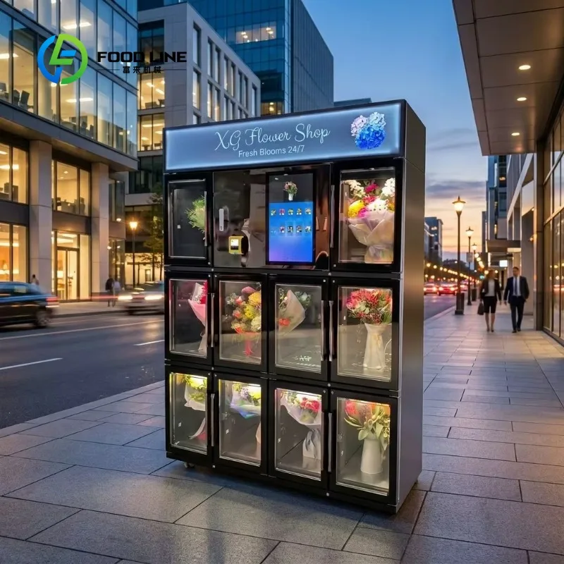 Customized large‑capacity floral dispensing kiosk 21.5 inch touch screen refrigerated fresh‑bouquet cabinet for bulk retail sale
