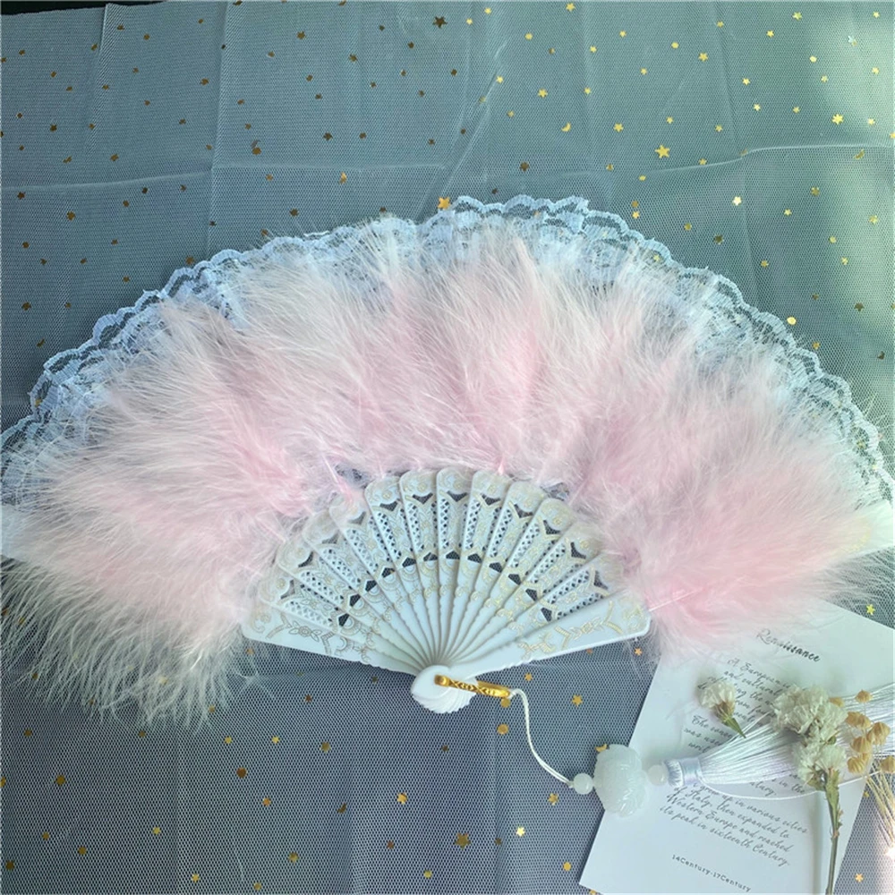 Chinese Style Feather Folding Fans Soft Fluffy Hand Held Wedding Party Gift Girls Dance Lace Fan Cosplay Stage Prop Home Decor