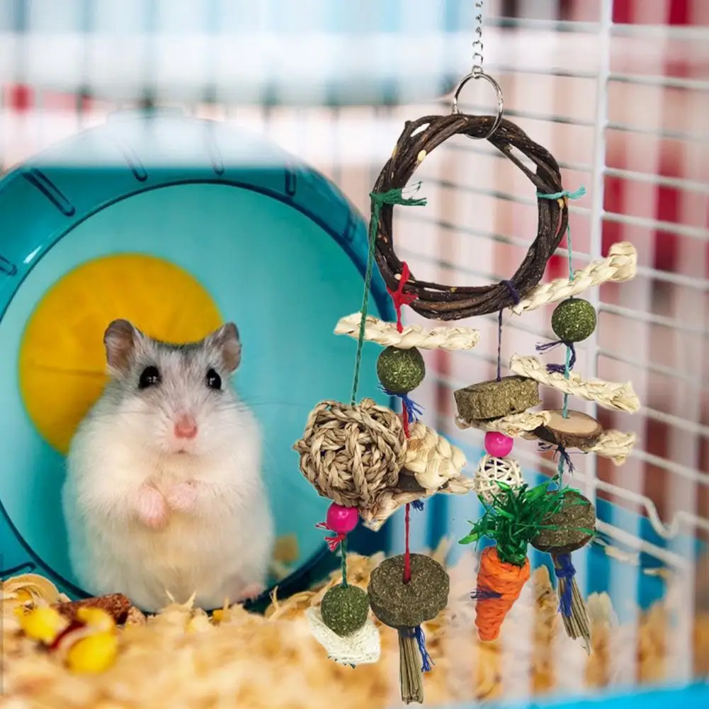 Hamster Chew Toy Straw Cake Corn Peel Loofah Teeth Grinding Natural Wood Hanging Toy Small Pet Bite Toy Cage Accessories