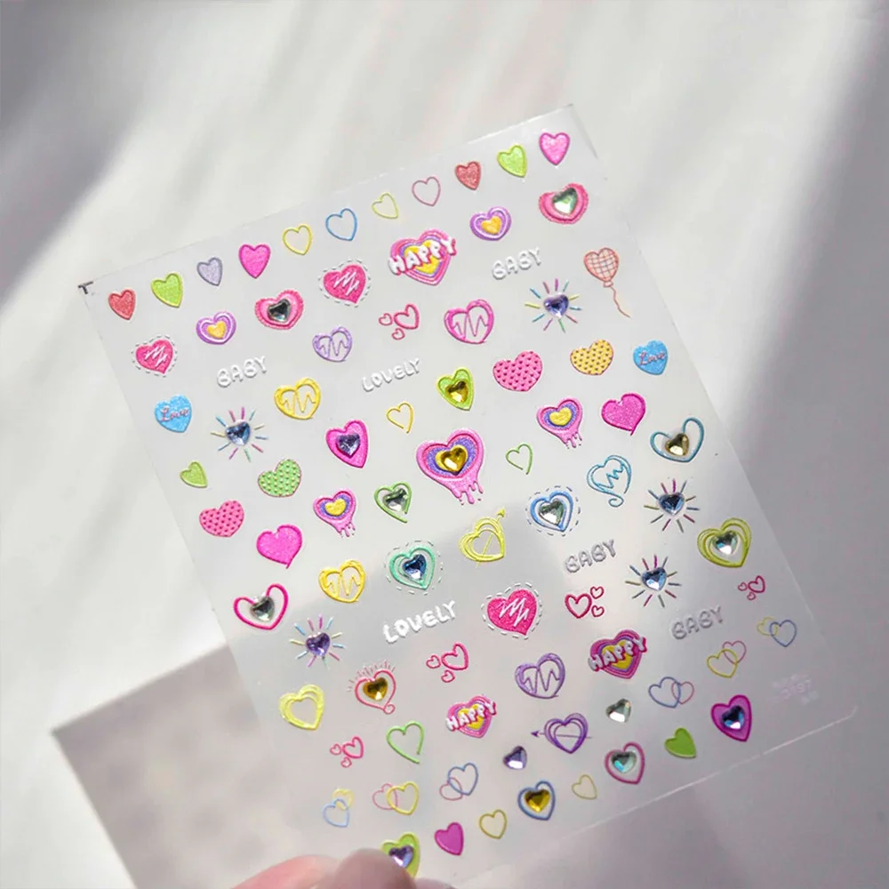 Colorful Rhinestone Love Peach Heart Line Crystal Baby 5D Soft Embossed Relief Self Adhesive Nail Art Sticker 3D Manicure Decal