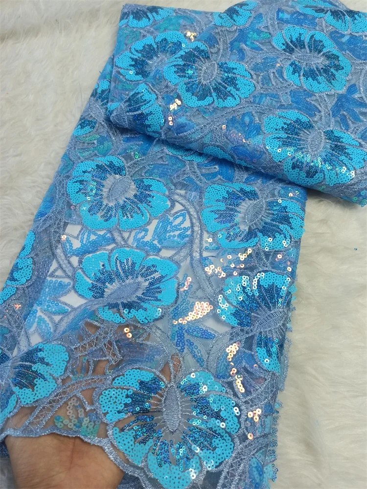 2025 African Nigerian High-Quality Sequins Tulle Lace Fabric for Prom Dresses Beads Embroidery Sewing 5Yard Net Cloth JH0071 image 3