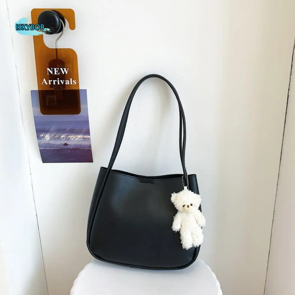 

Korean Style PU Leather Shoulder Bag Soft Large Capacity Underarm Bag with Bear Pendant Solid Color Handbag for Work Shopping