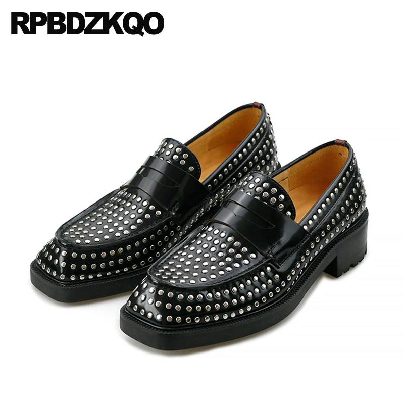 Designer Chunky Loafers 11 Party Metal Rivet 46 Italian Famous Large Size Stud Square Toe Rock Runway Men Shoes Casual Leather