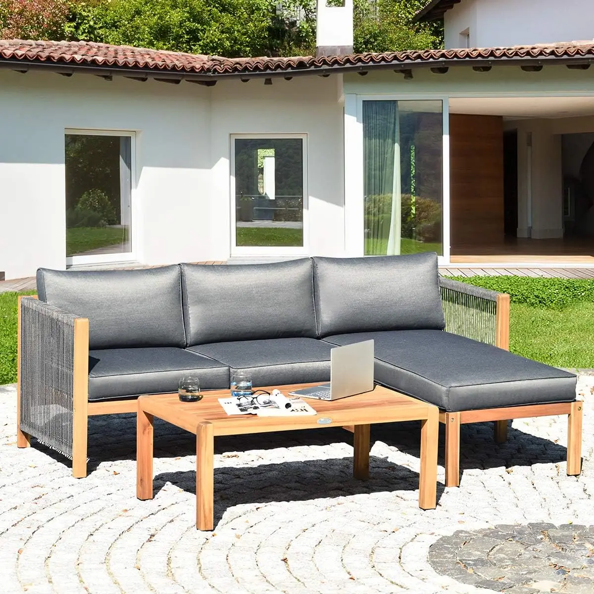 L Forma Outdoor Furniture Set, 3-Piece Acacia Wood, Pátio Conversa Set, 2 cadeiras e mesa de café, Jardim Quintal