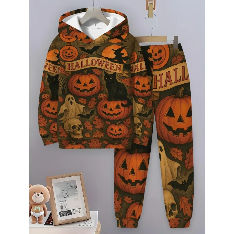 2025 2 قطعة موضة ثلاثية الأبعاد مطبوعة هالوين الخفافيش نمط هوديي غير رسمي الربيع/الخريف ملابس رياضية بأكمام طويلة #5