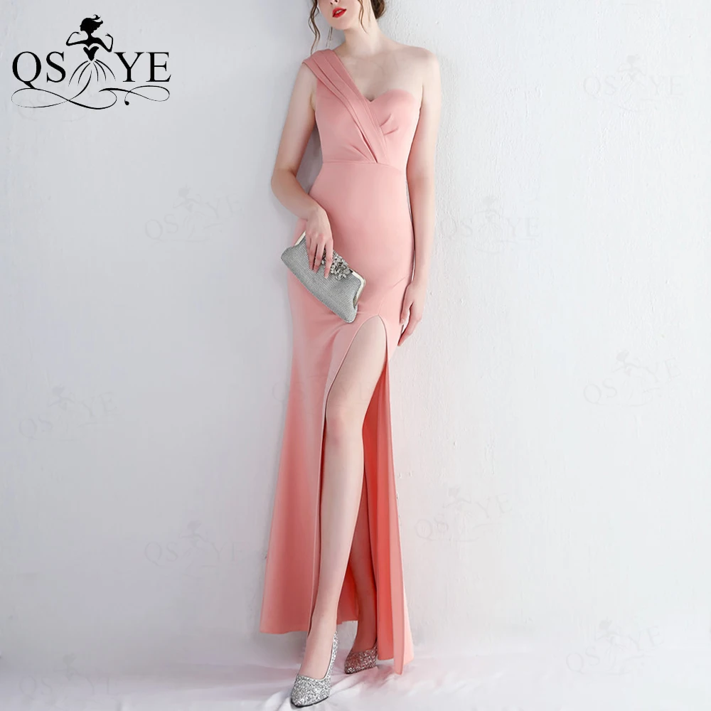 

One Shoulder Pink Evening Dresses Simple Sheath Stretchy Prom Gown Ruched Party Dress Sexy Split Plain Women Fit Formal Gown