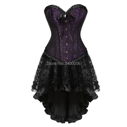 Sexy Corset With Skirt High Low Set Dress Exotic Push Up Corsets And Bustiers Flower Print Halloween Costumes Plus Size Purple